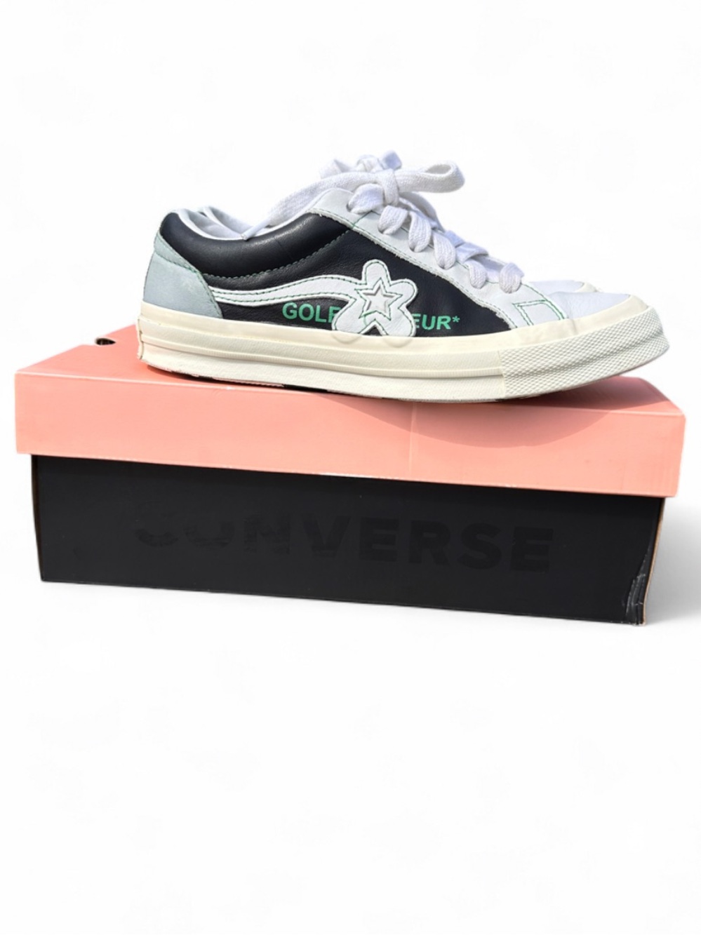 Golf Le Fleur Men’s Low-Top Sneaker in Black, White & Light Blue with Green Logo